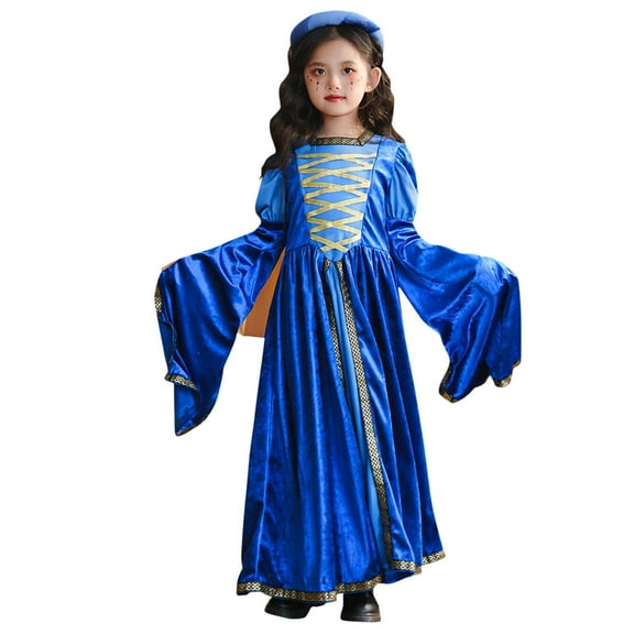 Odeerbi Toddler Girls Halloween Dresses Role Play Stage Performance Dress Outfits New Pattern Long Sleeve Velvet Court Style Dress Blue