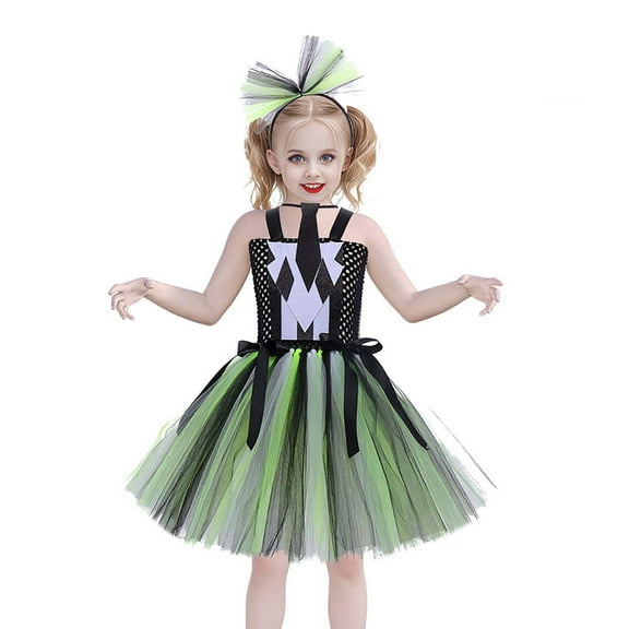 Odeerbi Toddler Girls Halloween Dresses Stage Performance Dress Outfits Children's Role Play Outfit Party Mesh Skirt Ghost Festival Scary Tutu Dress Green
