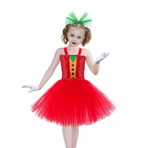 Odeerbi Toddler Girls Halloween Dresses Stage Performance Dress Outfits Clown Back Clown Dress Party Big Red Mesh Skirt Red