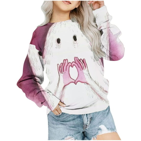Odeerbi Toddler Girls Halloween Hoodies Ghost Print Hooded Sweatshirts Crewneck Oversized Sweatshirt 1-12 Years Kids Fashion Long Sleeve Pullover Tops Red