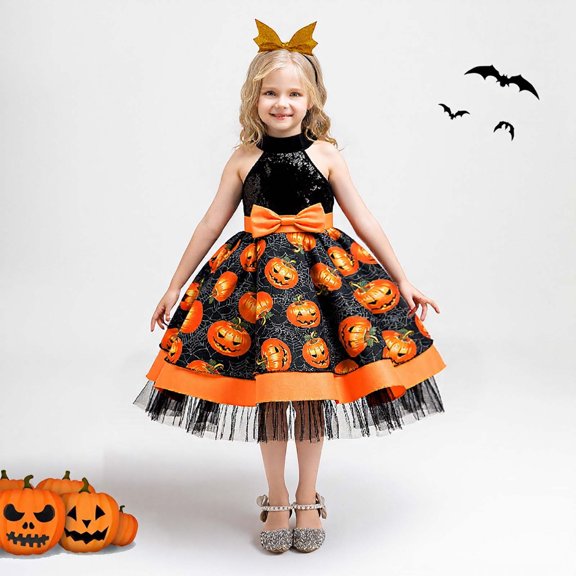 Odeerbi Toddler Girls Halloween Princess Dress Bow Cobweb Pumpkin Print Sequin Tulle Halter Dress