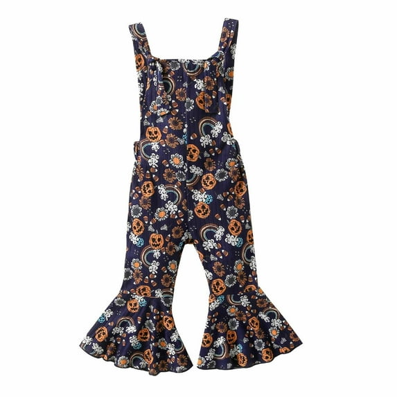 Odeerbi Toddler Girls Halloween Pumpkin Print Jumpsuit Cotton Bib Overalls Flared Pants Pre School Children Wearing Jumpsuit Printed Shoulder Straps Dungarees Black