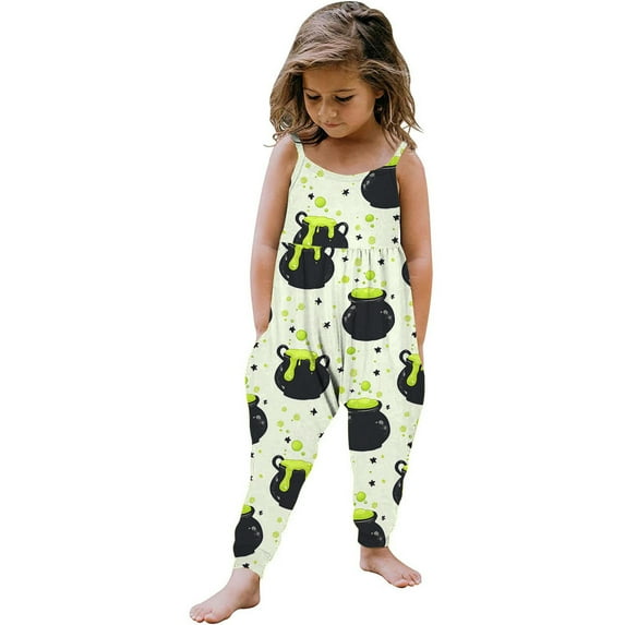 Odeerbi Toddler Girls Halloween Sleeveless Jumpsuit Strap Romper Kids Comfortable Cute Halloween Print Suspenders Leisure Long Pants Toddler Clothes Olive Green