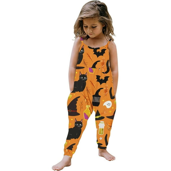 Odeerbi Toddler Girls Halloween Sleeveless Jumpsuit Strap Romper Kids Comfortable Cute Halloween Print Suspenders Leisure Long Pants Toddler Clothes Orange