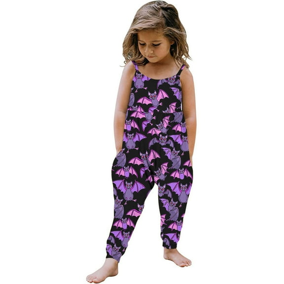 Odeerbi Toddler Girls Halloween Sleeveless Jumpsuit Strap Romper Kids Comfortable Cute Halloween Print Suspenders Leisure Long Pants Toddler Clothes Purple