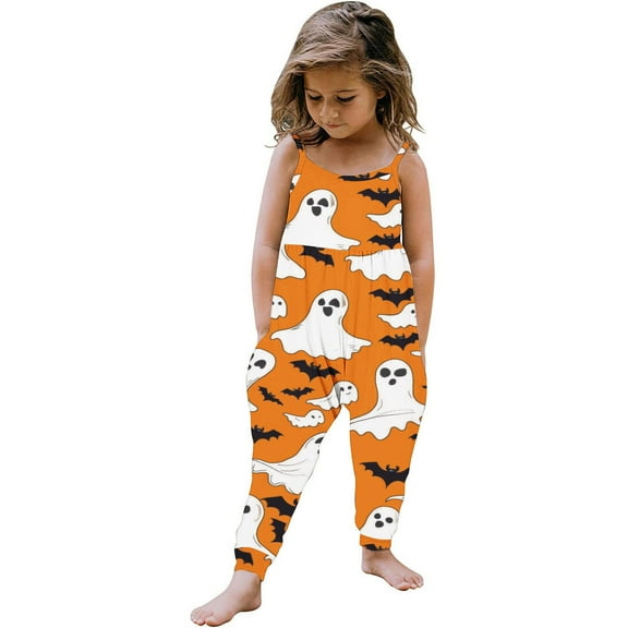 Odeerbi Toddler Girls Halloween Sleeveless Jumpsuit Strap Romper Kids Comfortable Cute Halloween Print Suspenders Leisure Long Pants Toddler Clothes Orange