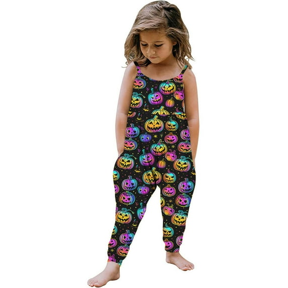 Odeerbi Toddler Girls Halloween Sleeveless Jumpsuit Strap Romper Kids Comfortable Cute Halloween Print Suspenders Leisure Long Pants Toddler Clothes Black