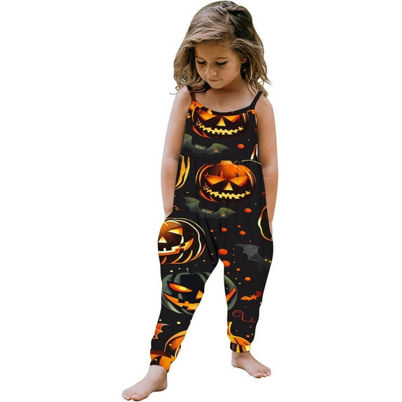 Odeerbi Toddler Girls Halloween Sleeveless Jumpsuit Strap Romper Kids Comfortable Cute Halloween Print Suspenders Leisure Long Pants Toddler Clothes Black