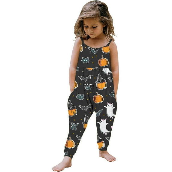 Odeerbi Toddler Girls Halloween Sleeveless Jumpsuit Strap Romper Kids Comfortable Cute Halloween Print Suspenders Leisure Long Pants Toddler Clothes Black
