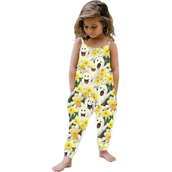 Odeerbi Toddler Girls Halloween Sleeveless Jumpsuit Strap Romper Kids Comfortable Cute Halloween Print Suspenders Leisure Long Pants Toddler Clothes Yellow
