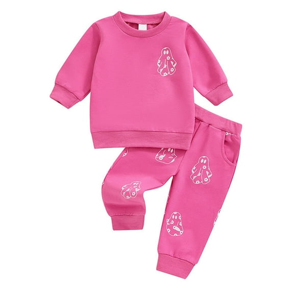 Odeerbi Toddler Girls Halloween Sweatsuits Fall Winter Two Piece Outfits Set Children's Fashion New Casual Long Sleeve Bow Cartoon Print Sweatshirt Jogger Pants Tracksuit Set Hot Pink