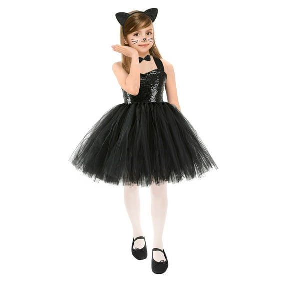 Odeerbi Toddler Girls Halloween Tulle Skirt Set Dress Up Clothes Outfits Kids Cute Role Play Dress with Cat Ear and Tail Set Fashion Party Princess Dress Headband Tail Set Black