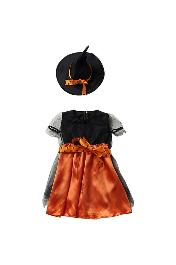 Toddler Girls Halloween Witch Role Playing Clothes Stage Performance Outfits Kids Fashion Cute Party Princess Dress with Witch Hat Set Toddler Clothes Orange