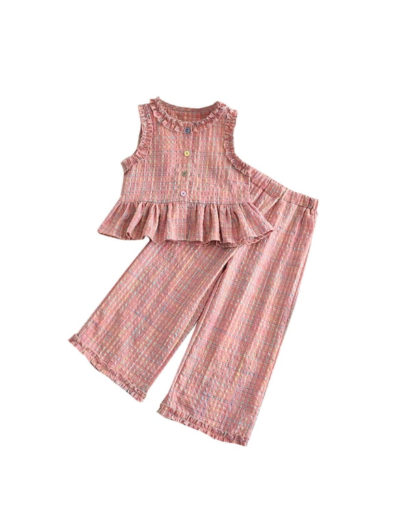 Toddler Girls Kids Summer Two Piece Outfits Ruffled Tank Tops Wide Leg Pants Sets Pink 2-3 Years