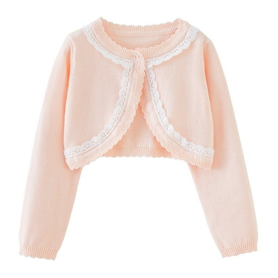Odeerbi Kids Girls Knit Bolero Shrugs Cute Lace Cardigan Kids Baby Fashion Solid Color Long Sleeve Cover Up Tops Thin Style Button Closure Cropped Knitwear Pink