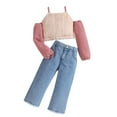 thumbnail image 1 of Odeerbi Toddler Girls Knit Fleece Off Shoulder Tops Jeans Outfits 2PCS Jeans Set Short Puff Sleeve Striped Crop T-Shirt Denim Trousers Summer Outfits Pink 3-4 Years, 1 of 8