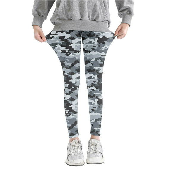 Odeerbi Kids Girls Leggings Camouflage Stretchy Tights Pants High Waist Camouflage Printed Pants Stretchy Soft Tights Kids Summer School Wearing Gray