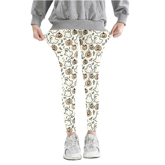 Odeerbi Toddler Girls Leggings Halloween Ghost Print Stretchy Tights Pants 3-8 Years Kids Soft Comfortable Ankle Length Printed Leggings Beige