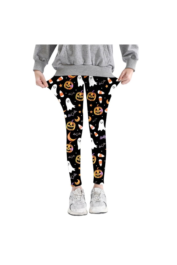 Toddler Girls Leggings Halloween Ghost Print Stretchy Tights Pants 3-8 Years Kids Soft Comfortable Ankle Length Printed Leggings Black
