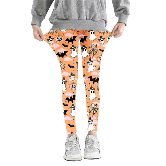 Odeerbi Toddler Girls Leggings Halloween Ghost Print Stretchy Tights Pants 3-8 Years Kids Soft Comfortable Ankle Length Printed Leggings Orange