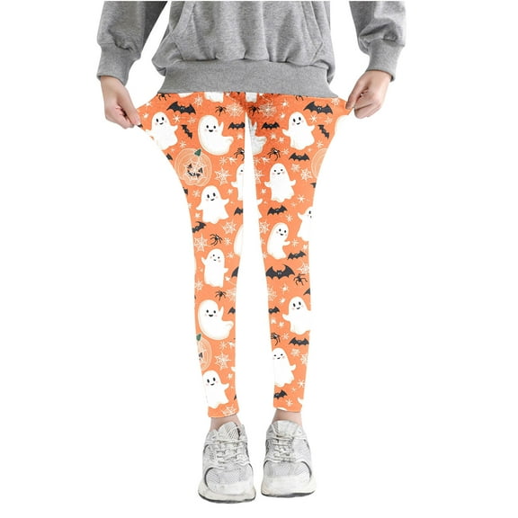 Odeerbi Toddler Girls Leggings Halloween Ghost Print Stretchy Tights Pants 3-8 Years Kids Soft Comfortable Ankle Length Printed Leggings Orange