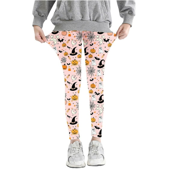 Odeerbi Toddler Girls Leggings Halloween Ghost Print Stretchy Tights Pants 3-8 Years Kids Soft Comfortable Ankle Length Printed Leggings Pink