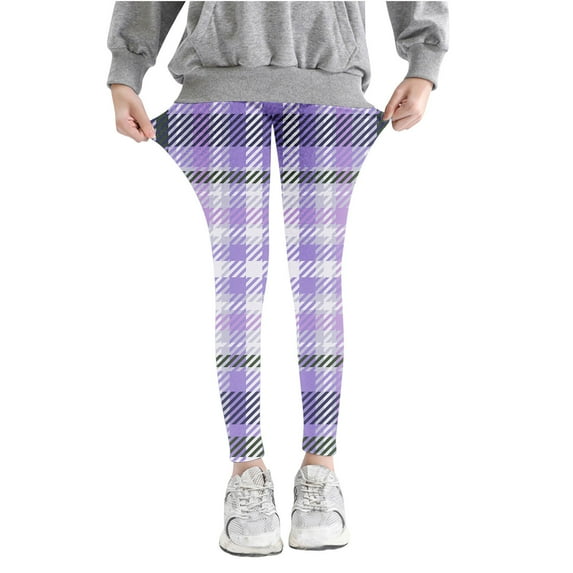 Odeerbi Kids Girls Leggings Plaid Stretchy Tights Pants Lattice Printed Pants High Waist Stretchy Soft Tights Kids Summer School Wearing Purple