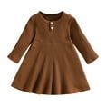 thumbnail image 1 of Odeerbi Toddler Girls Long Sleeve A-Line Dress Fall Winter Rib Knit Cotton Dress Spring Round Neck Buttoned Solid Color Casual Comfortable Stripe Dress Toddler Clothes Brown, 1 of 5