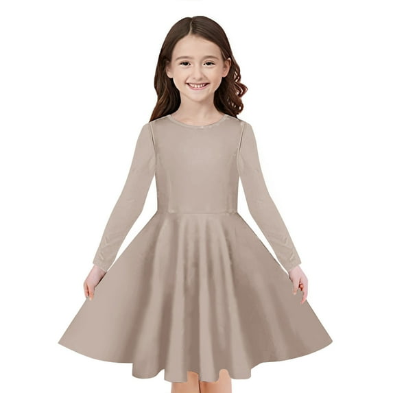 Odeerbi Toddler Girls Long Sleeve A-Line Dress Spring Cute Flared Swing Dress Solid Color Stretchy Skater Dress Twirly School Recital Dress Toddler Girls Clothes
