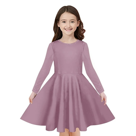 Odeerbi Toddler Girls Long Sleeve A-Line Dress Spring Cute Flared Swing Dress Solid Color Stretchy Skater Dress Twirly School Recital Dress Toddler Girls Clothes