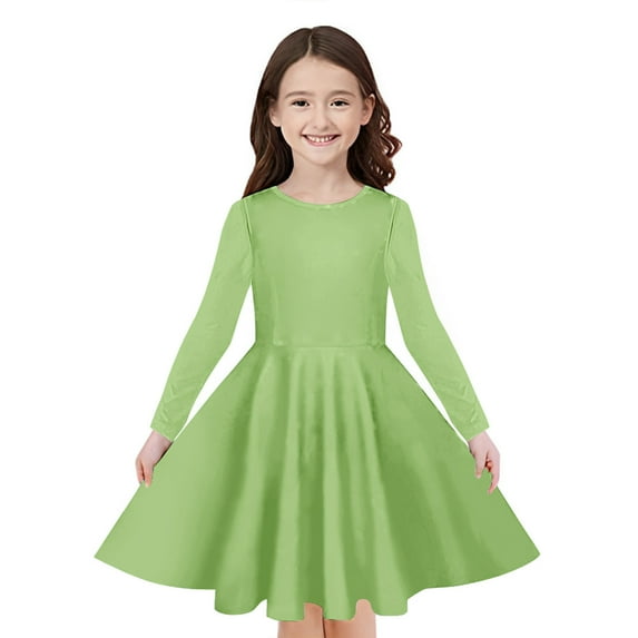 Odeerbi Toddler Girls Long Sleeve A-Line Dress Spring Cute Flared Swing Dress Solid Color Stretchy Skater Dress Twirly School Recital Dress Toddler Girls Clothes