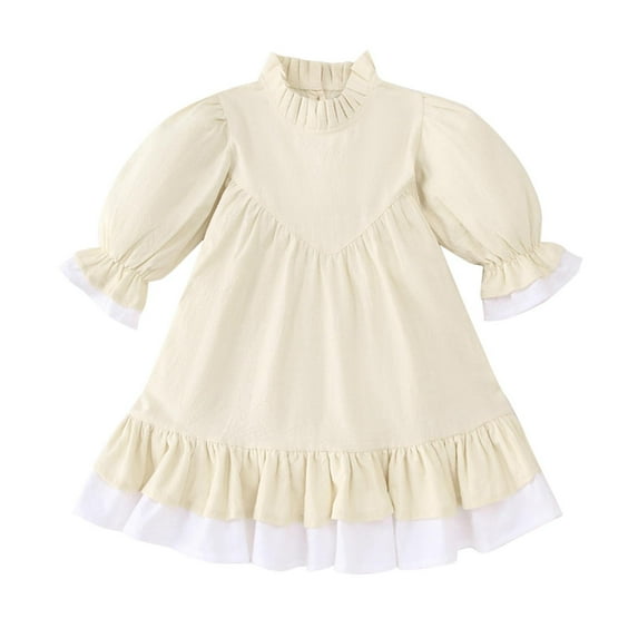 Odeerbi Toddler Girls Long Sleeve A-Line Dress Spring Summer Cute Ruffle Princess Dresses Solid Color Sweet Round Neck Lantern Sleeve Dress Toddler Girls Clothes