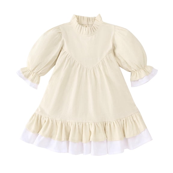 Odeerbi Toddler Girls Long Sleeve A-Line Dress Spring Summer Cute Ruffle Princess Dresses Solid Color Sweet Round Neck Lantern Sleeve Dress Toddler Girls Clothes