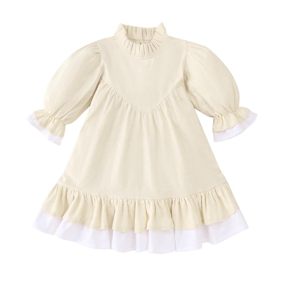 Odeerbi Toddler Girls Long Sleeve A-Line Dress Spring Summer Cute Ruffle Princess Dresses Solid Color Sweet Round Neck Lantern Sleeve Dress Toddler Girls Clothes