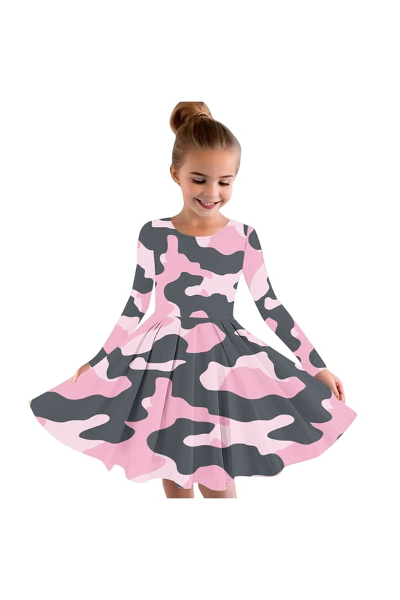 Toddler Girls Long Sleeve Ballet Skater Dress Camouflage Printed Elastic Twirly A-line Dress School Recital Round Neck Dress Toddler Girls Clothes