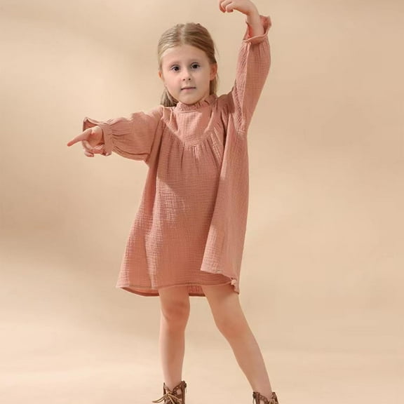 Odeerbi Toddler Girls Long Sleeve Cotton Dress Cute Ruffle Tutu Dress Spring Summer Round Neck Solid Color Dress Toddler Girls Clothes