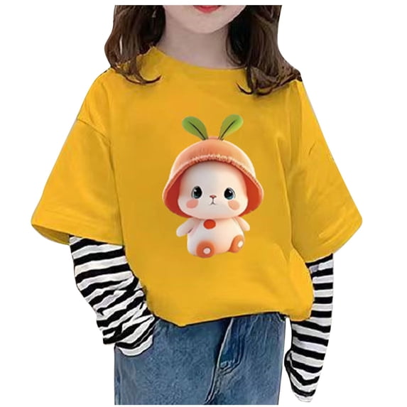 Odeerbi Toddler Girls Long Sleeve Cotton Patchwork Shirt Fall Winter Base Layer Striped Undershirt New Bottoming Shirt Children's Base Shirt Fake Two Piece Top Yellow