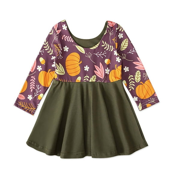 Odeerbi Toddler Girls Long Sleeve Halloween Dress Pumpkin Print Party Pleated Princess Dress Spring Long Sleeve Halloween Pumpkin Dress Olive Green
