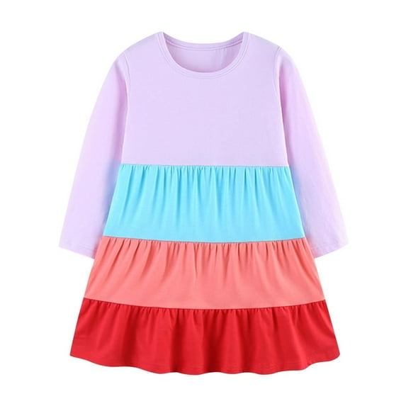 Odeerbi Toddler Girls Long Sleeve Rainbow Striped Cotton Dress Spring Fall Cute A-Line Dress Color Blocked Round Neck Loose Casual Dress Toddler Girls Clothes