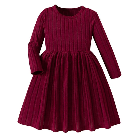Odeerbi Toddler Girls Long Sleeve Rib Knit Dress Kids Fashion Cute Solid Color Comfortable A-Line Dress Toddler Girls Clothes