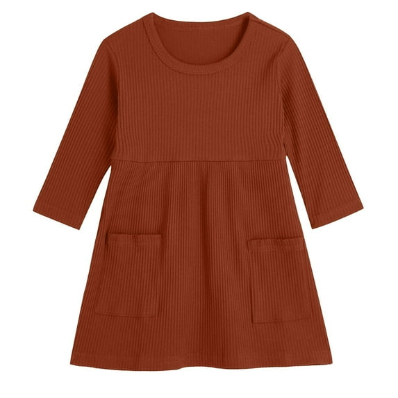 Odeerbi Toddler Girls Long Sleeve Rib Knit Dress Spring Fall Cute Cotton Dress with Pocket Fashion Solid Color Round Neck Comfortable Casual Dress Toddler Girls Clothes