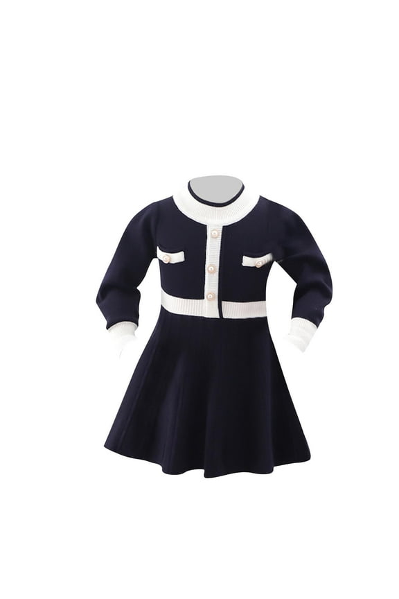 Toddler Girls Long Sleeve Sweater Dress Fall Winter Knitted Cotton Dress Fashion Sweet New Solid Color Pleated Round Neck Long Dress Toddler Clothes Black