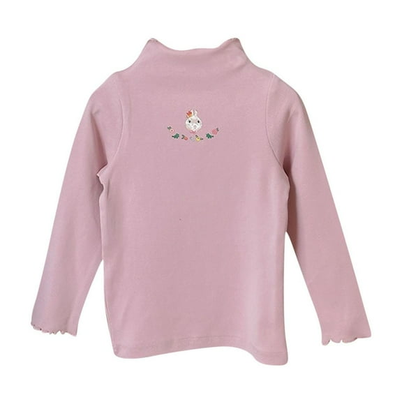Odeerbi Kids Girls Long Sleeve Tees Mock Neck Cotton Basic Layering T-shirt 1-10 Years Cute Rabbit Printed Half High Collar Base Layer T-shirt Round Neck Top Pink