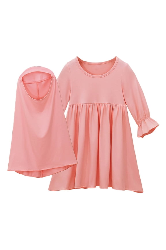 Toddler Girls Muslim Dress One-Piece Islamic Prayer Dress with Hijab Long Sleeve Round Neck Grenadine Dress with Headscarf Pink