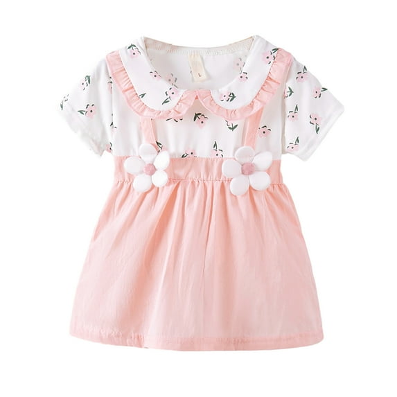 Odeerbi Toddler Girls Peter Pan Collar Dress Patchwork Suspender Dress 1-4 Years Children's Summer Baby Dress Floral Printed Princess Cotton Short Sleeve Dress Pink
