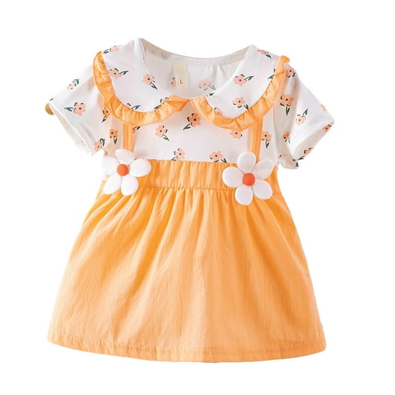 Odeerbi Toddler Girls Peter Pan Collar Dress Patchwork Suspender Dress 1-4 Years Children's Summer Baby Dress Floral Printed Princess Cotton Short Sleeve Dress Orange