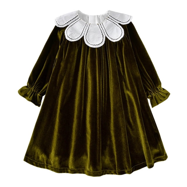 Odeerbi Toddler Girls Peter Pan Collar Velvet Dresses Fall Winter Vintage Princess Dress Children Solid Color Cute Sweet Long Sleeve Dress Toddler Girls Clothes
