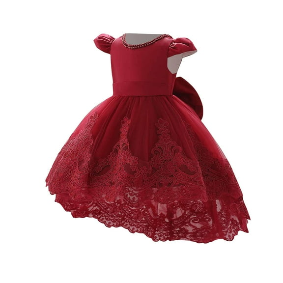 Odeerbi Toddler Girls Princess Dresses Party Gowns Cute Solid Color Long Sleeve Formal Dress Evening Dress Round Neck Mid Waist Dress Red