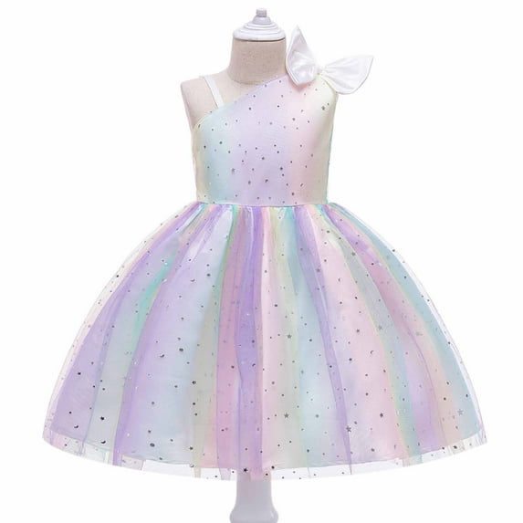 Odeerbi Toddler Girls Princess Dresses Party Gowns Formal Dress Sequin Bow Evening Dress Sleeveless One Shoulder Dress White