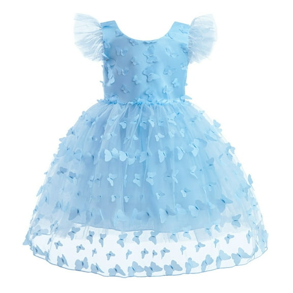 Odeerbi Toddler Girls Princess Dresses Party Gowns Lace Evening Dress Mesh Formal Dress Round Neck Sleeveless Dress Light Blue